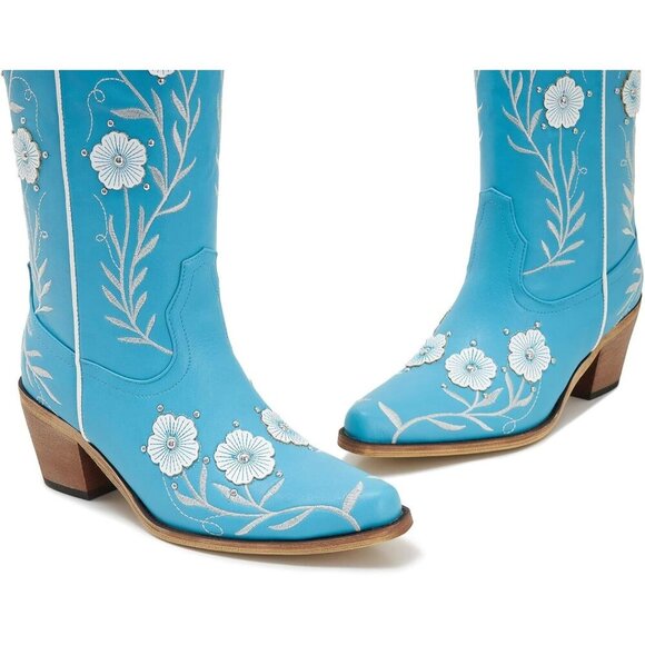 Women’s Turquoise Wide Calf Embroidered Cowgirl Western Knee High Pull On Boots - Picture 6 of 7